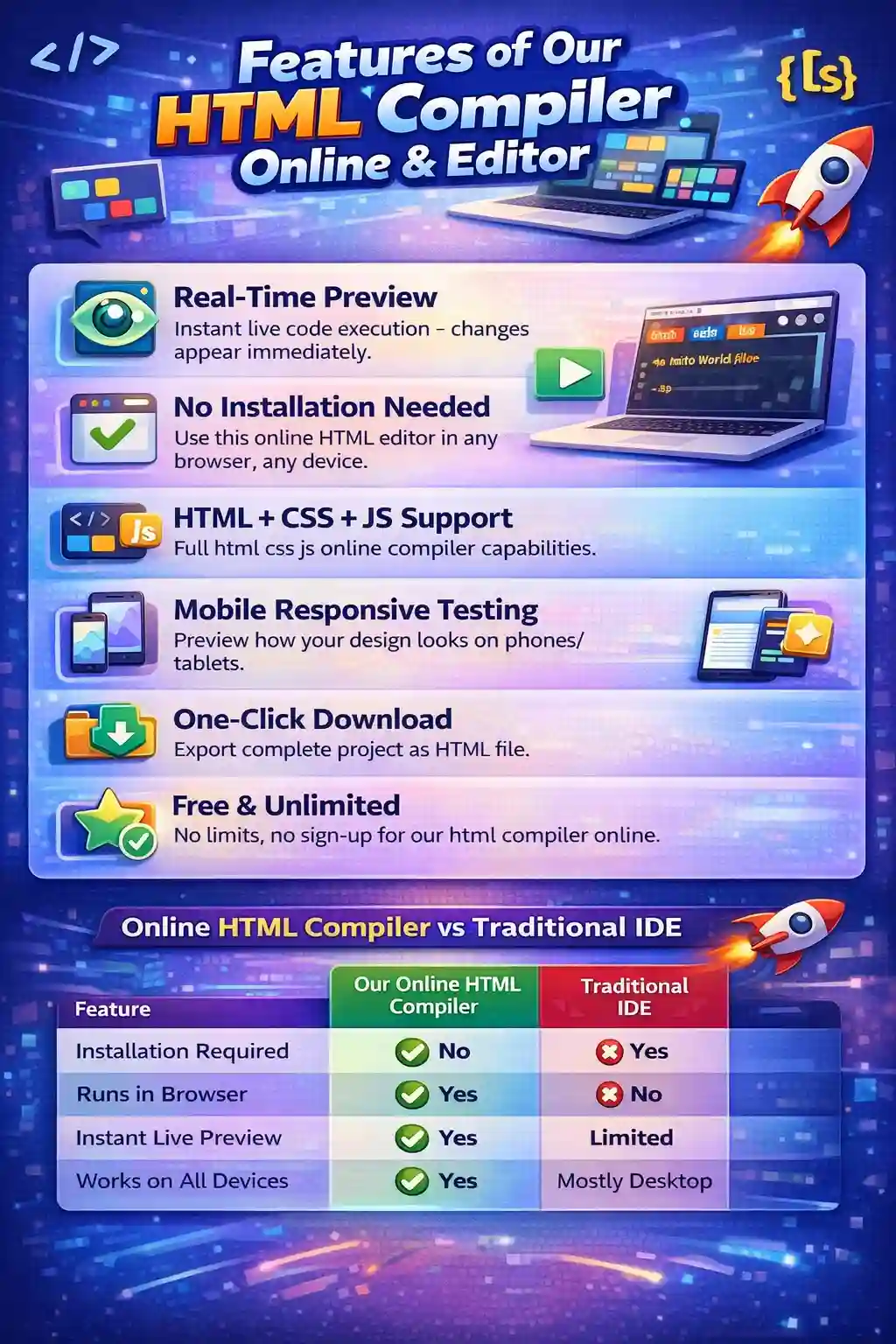 Features and HTML Compiler vs IDE comparison infographic