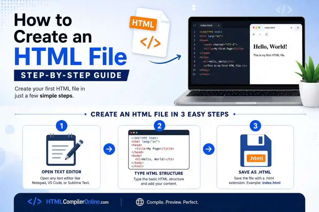 infographic showing three steps to create an HTML file